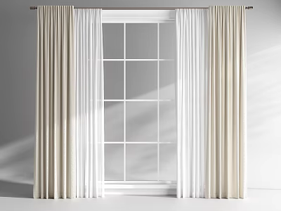 Double Layer Beige And White Curtains With Sheer Panels For Grid Window 3d model