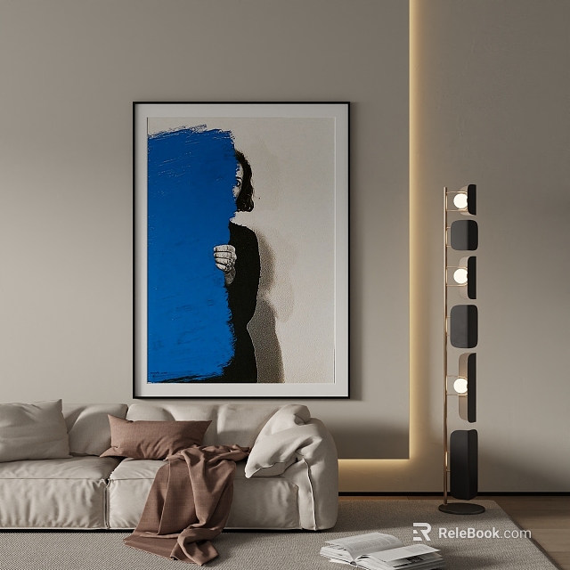 Landscape Painting Hanging On Wall Next To White Sofa With Floor Lamp For Interior Decor 3d model 