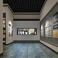 Indoor Cultural Exhibition Wall With Black White Drawings Texts Circular Sign And Green Plant