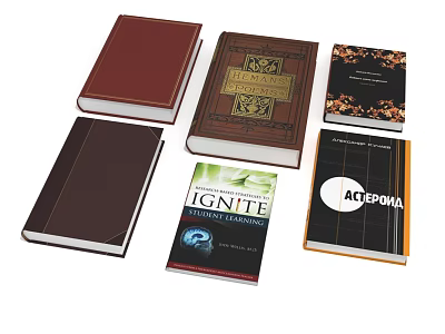 Different Books with Red Brown Covers Golden Decorative Elements and Titles Like Ignite Alephom 3d model