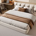 Modern Double Bed with Upholstered Headboard Neutral Bedding Striped Rug and Nightstand