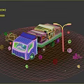 Blue Truck Carrying Colorful Books On Muddy Ground With Street Lamp And Small Plants