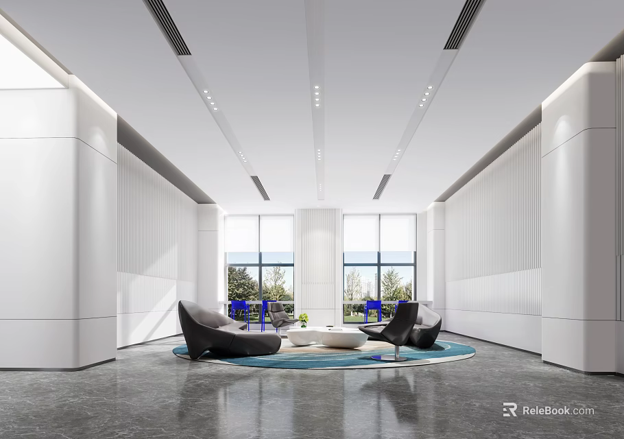 Modern Lounge Area with Large Windows White Walls Black Chairs Round Rug Center White Table 3d model 