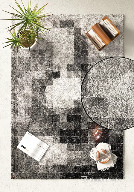 Stylish Modern Square Rug With Geometric Black White Grey Pattern And Soft Texture For Living Room Floor 3d model 