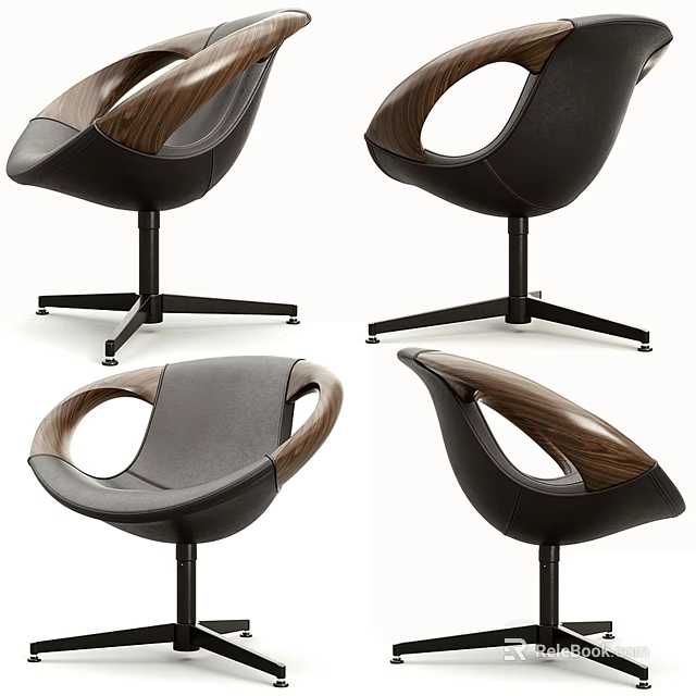 Modern Leisure Chair With Leather Upholstery And Wooden Armrests On Swivel Base 3d model 