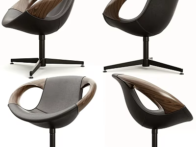 Modern Leisure Chair With Leather Upholstery And Wooden Armrests On Swivel Base 3d model