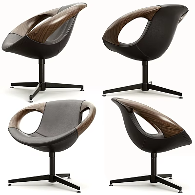 Modern Leisure Chair With Leather Upholstery And Wooden Armrests On Swivel Base 3d model
