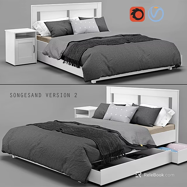 Modern Double Bed With White Frame Matching Nightstand Gray Bedding And Underbed Storage Drawers 3d model