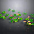 Beautiful Lotus Flowers And Green Leaves Floating On Water Surface With Small Plants