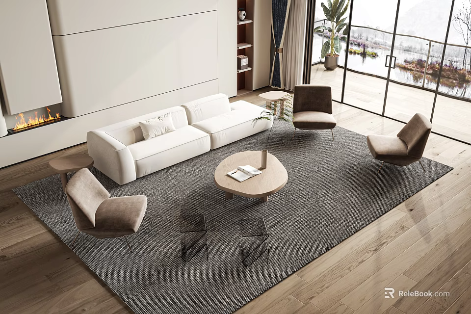 Modern White Sofa Coffee Table Combination With Chairs Rug And Fireplace 3d model