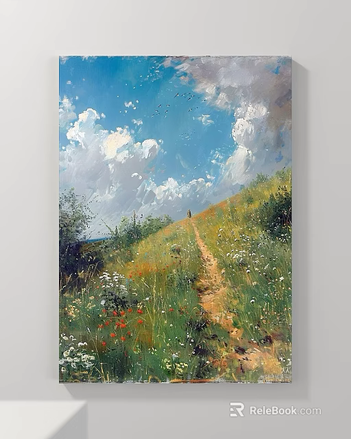 Scenic Countryside Landscape With Winding Path Wildflowers And Blue Sky Clouds 3d model 