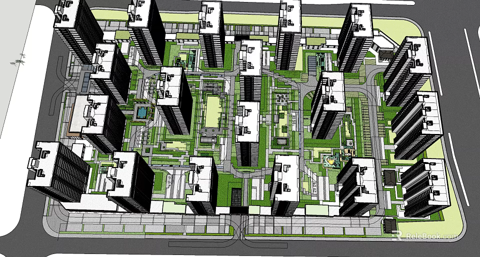 Modern Urban Residential Complex Featuring High Rise Buildings Green Spaces And Road Layout 3d model 