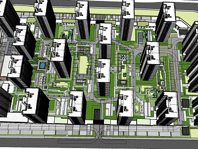 Modern Urban Residential Complex Featuring High Rise Buildings Green Spaces And Road Layout 3d model