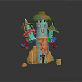 Cartoon Style Tower Scene With Blue Orange Colors Small Spires Green Plants And Stone Base