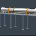 Large Cylindrical Industrial Equipment With Yellow Rings On Metal Support Platform And Staircase