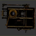 Vintage Mechanical Equipment with Metal Structure Wheels Gears Cylindrical Component and Red Chimney