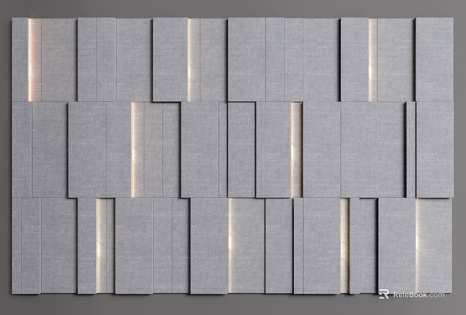 Modern Gray Bedroom Accent Wall With Textured Panels And Lighting 3d model 