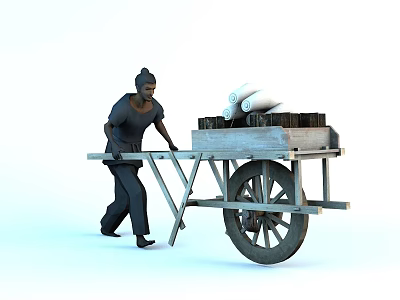 Woman In Dark Clothing Pushing Wooden Cart Loaded With White Rolls And Black Blocks 3d model