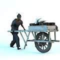 Woman In Dark Clothing Pushing Wooden Cart Loaded With White Rolls And Black Blocks
