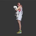 Woman With Pink Hair Holding White Stuffed Toy In White Dress And Colorful Sneakers