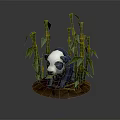 Panda Sculpture Surrounded by Green Bamboo Stalks and Leaves on Wooden Base