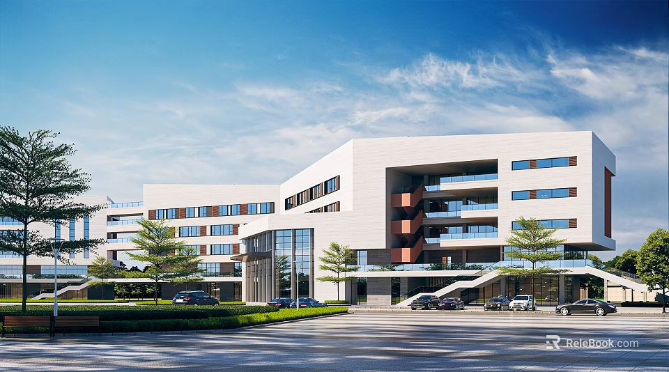 Modern School Building With White Exterior Multiple Windows Trees Lawn Parking Area Under Blue Sky 3d model 