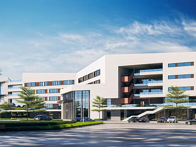 Modern School Building With White Exterior Multiple Windows Trees Lawn Parking Area Under Blue Sky 3d model