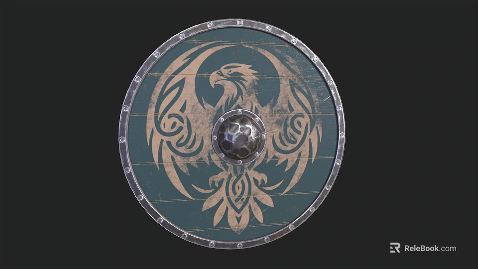 Round Wooden Shield with Eagle Design and Metal Rim Central Boss 3d model 