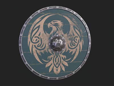 Round Wooden Shield with Eagle Design and Metal Rim Central Boss 3d model