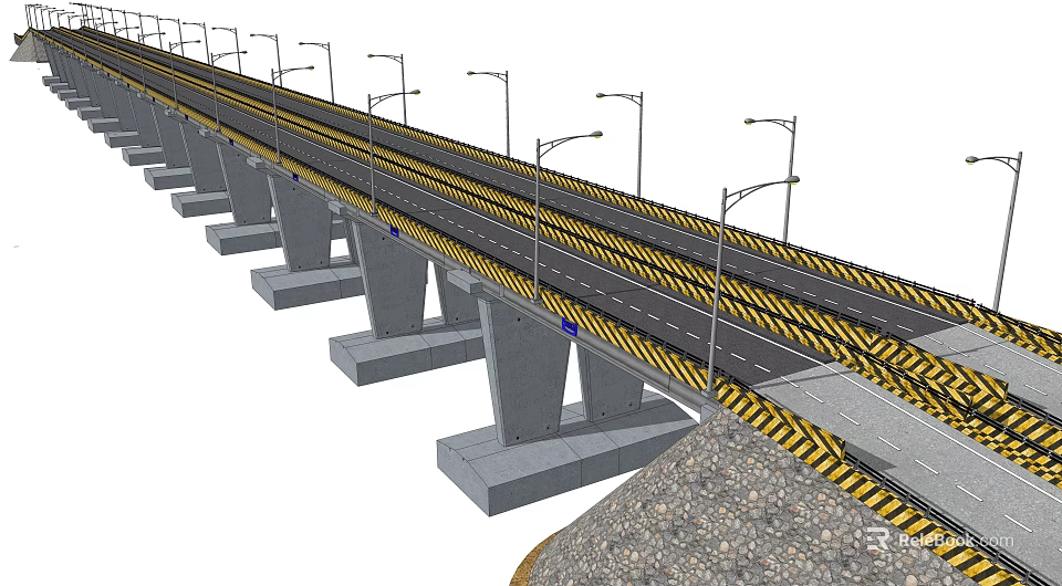 Concrete Bridge Structure With Multiple Piers Road Lanes Yellow Warning Lines And Street Lamps 3d model 