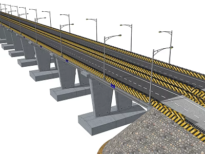 Concrete Bridge Structure With Multiple Piers Road Lanes Yellow Warning Lines And Street Lamps 3d model