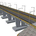 Concrete Bridge Structure With Multiple Piers Road Lanes Yellow Warning Lines And Street Lamps