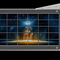 Metal Framed Mechanical Grid Screen Displaying Space Nebula Stars Orange Glow And Reflective Base
