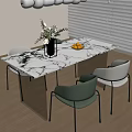 Modern Dining Table With Marble Top Green White Chairs Flower Vase And Fruits