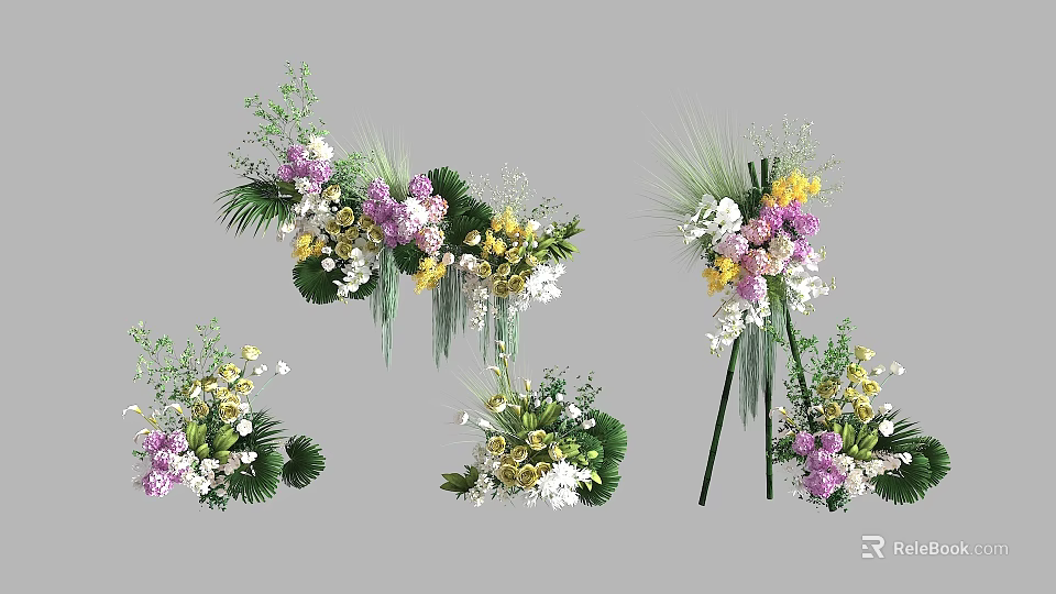 Floral Display With Purple Yellow White Flowers And Green Foliage Decorative Arrangements 3d model 
