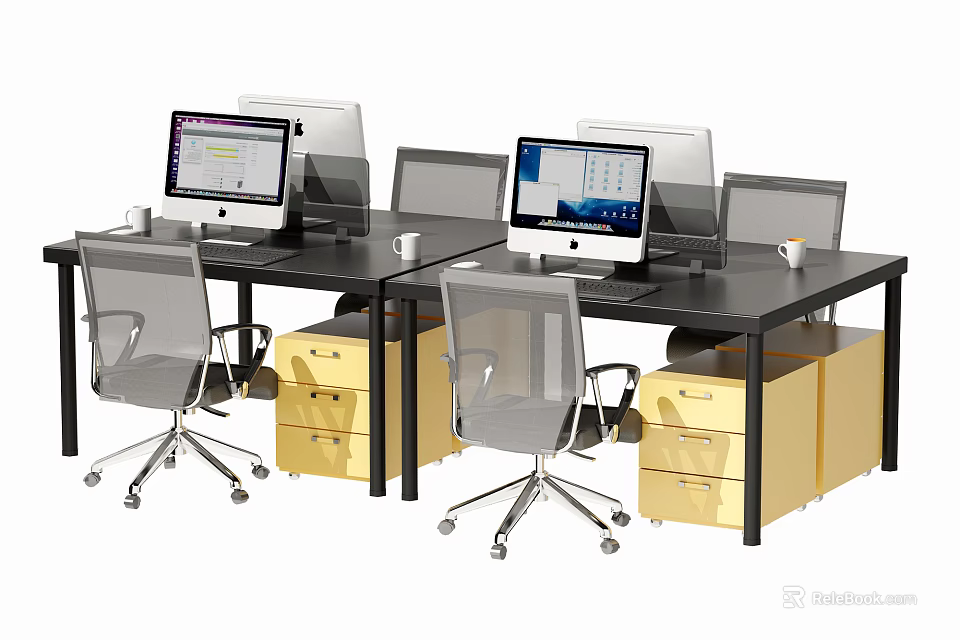 Modern Office Desk Setup With Computer Monitors Yellow Drawers And Gray Chairs 3d model 