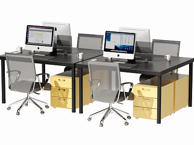 Modern Office Desk Setup With Computer Monitors Yellow Drawers And Gray Chairs 3d model