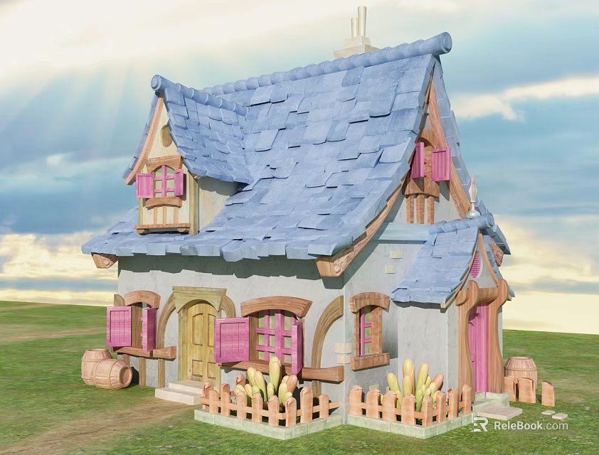 Cartoon Style House with Blue Roof Pink Shutters Wooden Fence and Corn Decorations 3d model 