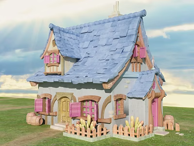 Cartoon Style House with Blue Roof Pink Shutters Wooden Fence and Corn Decorations 3d model