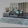 Turquoise Motorcycle Parked on Brick Pavement Near Stone Walls and Structures