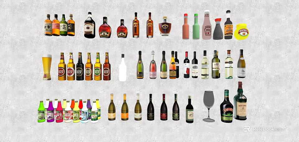 Various Assorted Collection of Wine Bottles and Wine Glasses 3d model 