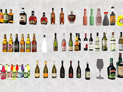 Various Assorted Collection of Wine Bottles and Wine Glasses 3d model