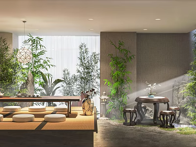 Traditional Tea House Interior Featuring Bamboo Plants Round Tables Cushions Tea Sets And Natural Light 3d model