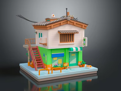 Cartoon Style Small Shop Building With Green Wall Red Staircase And Decorative Plants 3d model