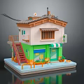 Cartoon Style Small Shop Building With Green Wall Red Staircase And Decorative Plants