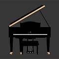 Black Grand Piano With Open Lid Wooden Bench And Metal Strings