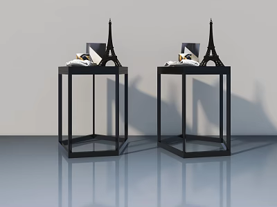 Hinged Door Room With Two Black Hexagonal Side Tables Eiffel Tower Models And Reflective Floor 3d model