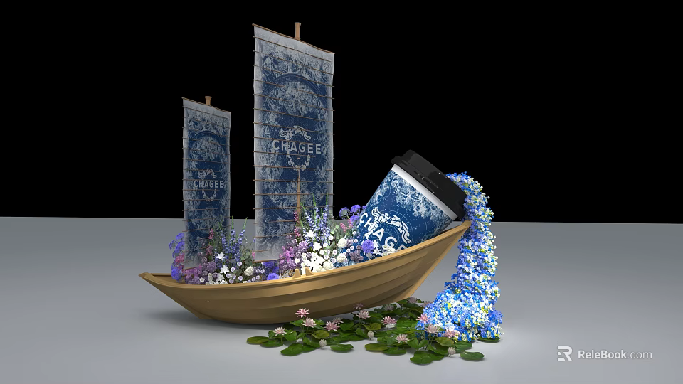 Wooden Boat With Blue And White Sails Tipped Jar Flowers Lily Pads And Flowing Water 3d model 