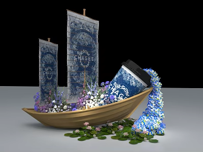 Wooden Boat With Blue And White Sails Tipped Jar Flowers Lily Pads And Flowing Water 3d model