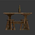 Rustic Wooden Table With Matching Stool And Decorative Glass Bottle 3d model
